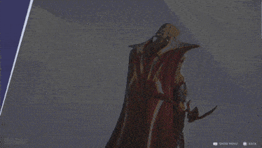 a video game character is holding a golden stick and a sword