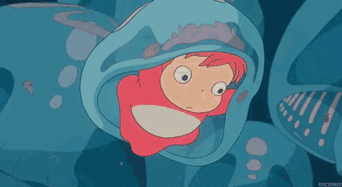 a cartoon character is floating in the water with a shark behind him .