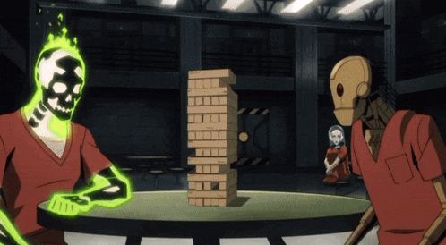 two skeletons are playing jenga with a stack of blocks