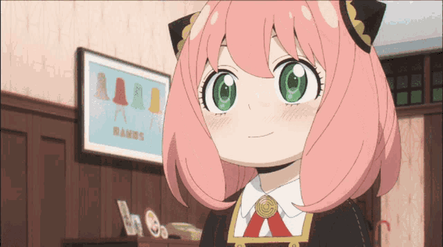 a girl with pink hair and green eyes is standing in front of a framed picture of banks chairs
