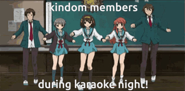 a group of anime characters are dancing in front of a blackboard with the words " kindom members " during karaoke night