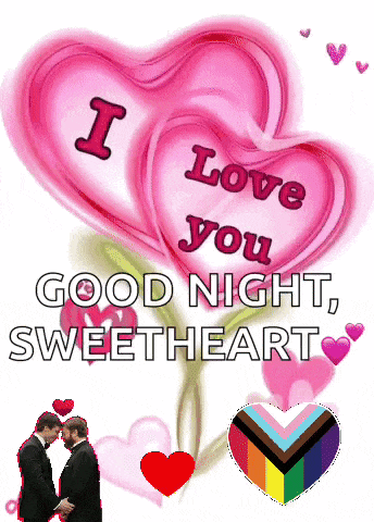 two men are holding hands in front of a pink heart that says i love you