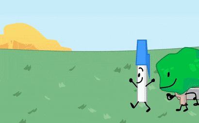 a cartoon of a marker , a bottle , a tree and a remote control standing in a field .