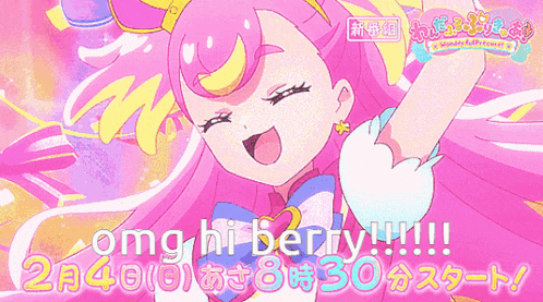 a cartoon girl with pink hair and the words " omg hi berry "