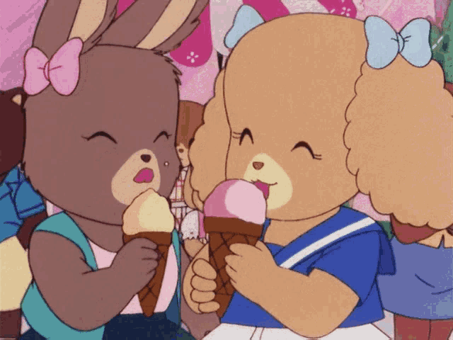 two cartoon characters are eating ice cream cones and one has a pink bow on her head