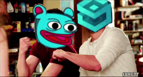 a cartoon character with a cube on his head