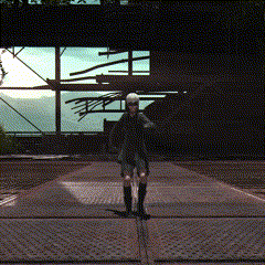 a person in a mask is standing on a metal floor