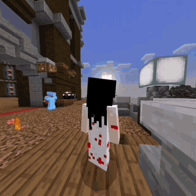 a girl in a bloody dress is standing on a wooden floor in a video game