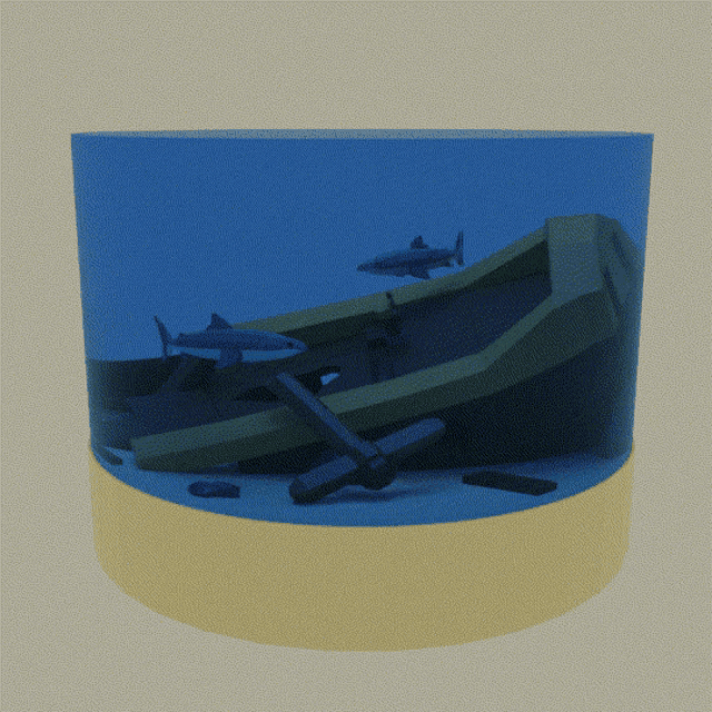 a computer generated image of sharks swimming in a tank