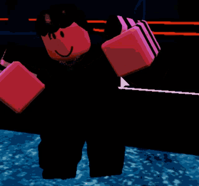 a video game character is holding a red box with a play button on it