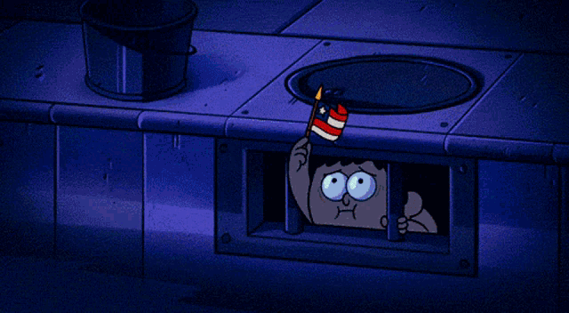 a cartoon character is holding a flag in a hole
