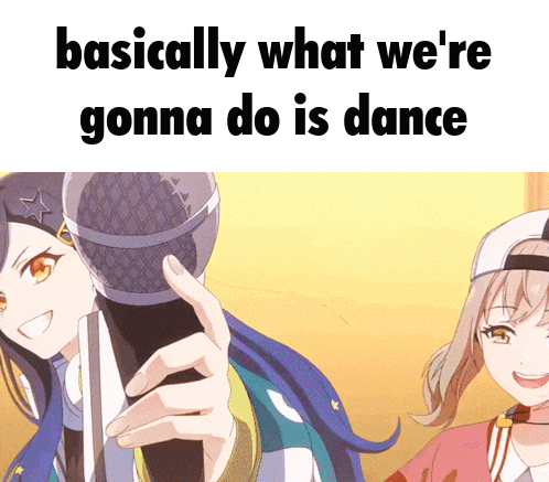 a girl holding a microphone with the words basically what we 're gonna do is dance below her