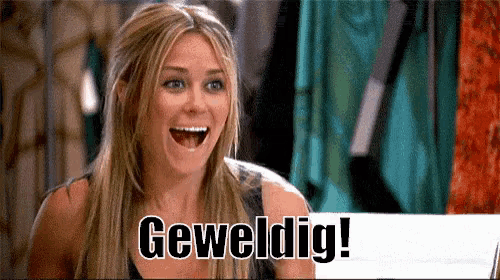 a woman with a surprised look on her face and the word geweldig on the bottom