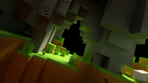 a video game scene with a few green blocks