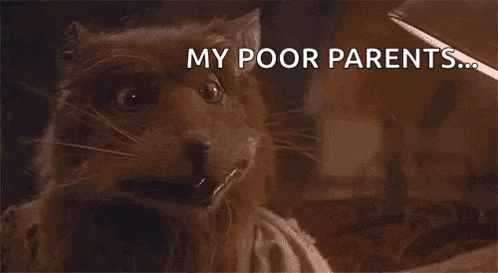 a cat is laying on a bed with the words `` my poor parents '' written in the background .