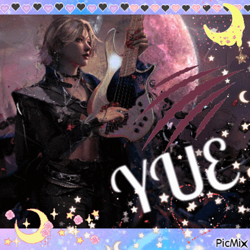 a picture of a woman holding a guitar with the name yue written on it