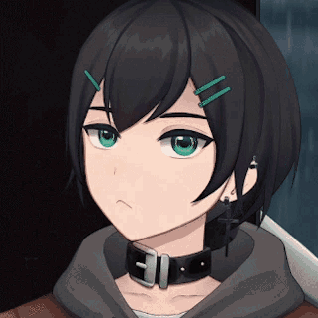 a girl with black hair and green eyes wearing a choker