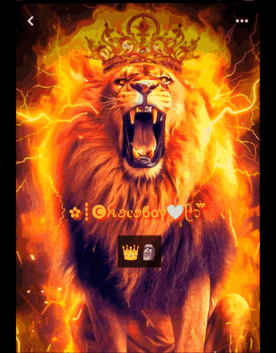 a lion with a crown on its head is surrounded by fire