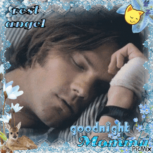 a picture of a man sleeping with the words rest angel written on it