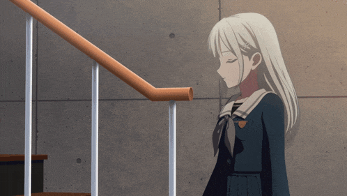 a girl with white hair is standing next to a staircase