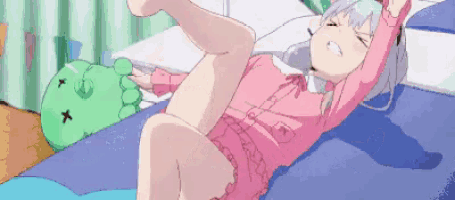 a pixel art of a girl laying on a bed with a stuffed animal behind her .