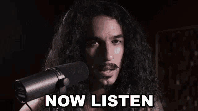 a man with long curly hair and a beard is standing in front of a microphone .