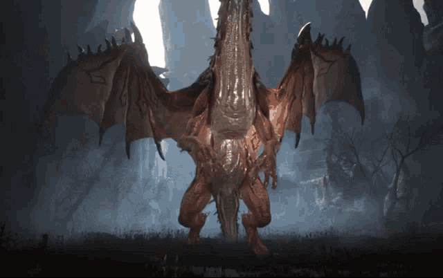 a large red dragon with wings is standing in a dark cave