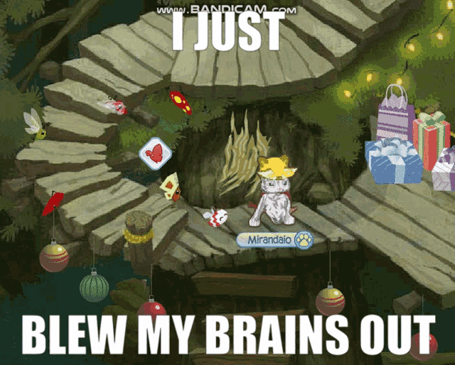 a screenshot of a video game that says " i just blew my brains out " on it