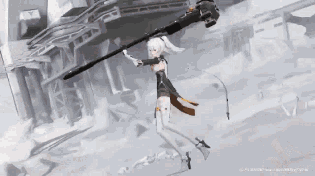 a video game character is holding a large sword in her hand