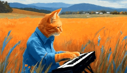 a cat in a blue shirt plays a keyboard in a field