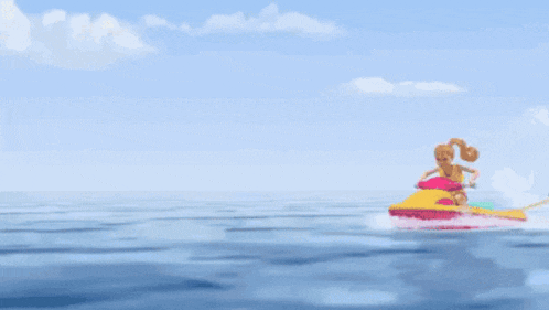 a barbie doll is riding a jet ski in the ocean