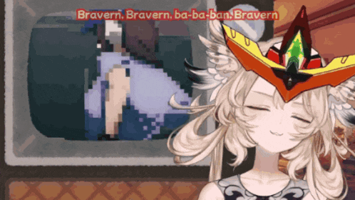 a girl with a crown on her head is smiling in front of a tv screen that says bravern