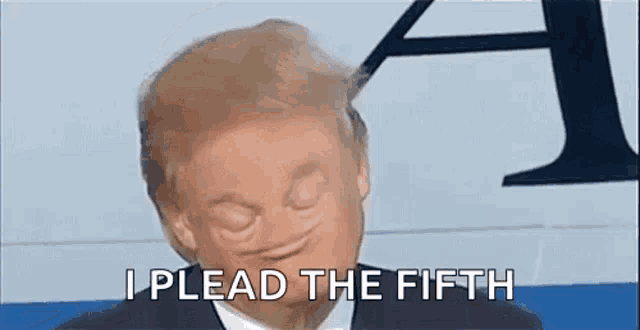 donald trump is making a funny face and saying `` i plead the fifth '' in front of an airplane .