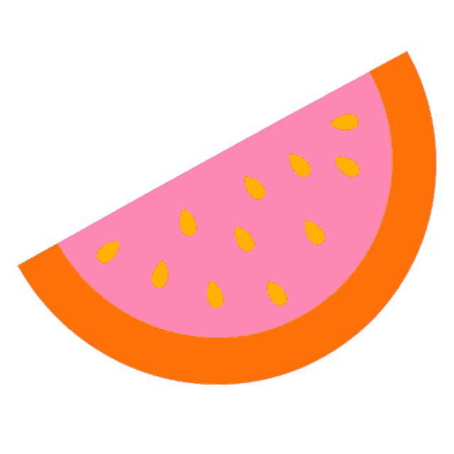 a pink and orange slice of watermelon with yellow seeds on it