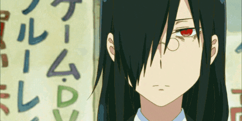 a girl with long black hair and red eyes is looking at the camera