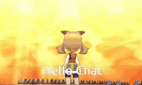 a video game character says hello-chat in front of a fire