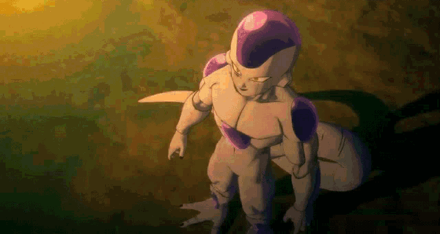 a cartoon character with a purple head is standing in a dark room