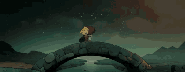 a cartoon character is standing on a stone bridge