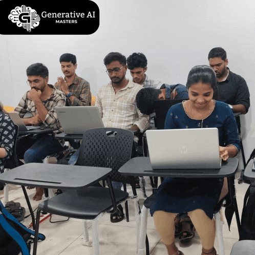 a group of people are sitting at desks with laptops and a generative ai masters logo