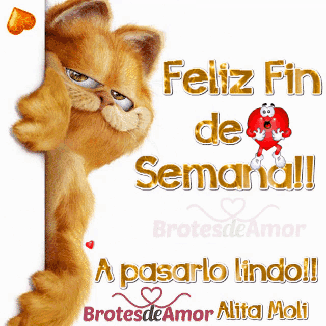 a cartoon cat says feliz fin de semana hello a pasarlo lindo