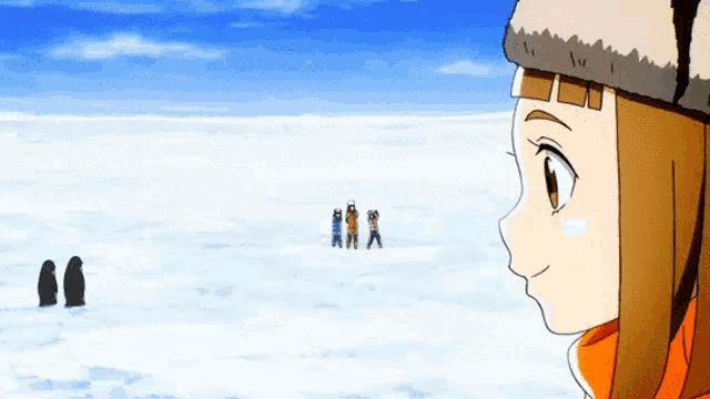 a girl in a hat looks at penguins in the distance