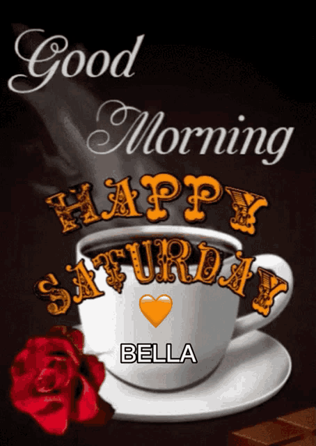a cup of coffee with the words " good morning happy saturday bella " written on it