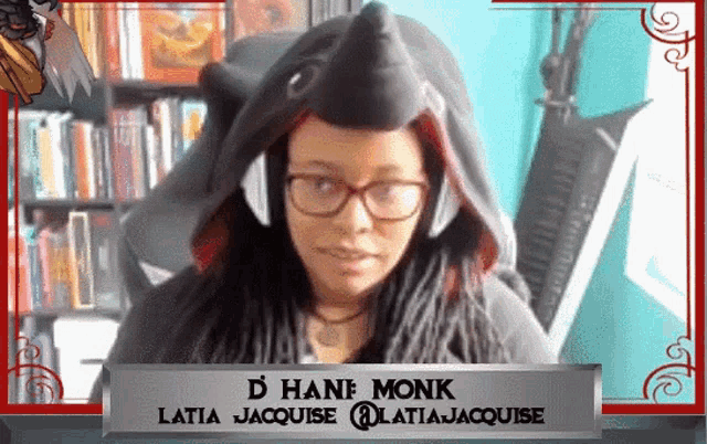 a woman wearing glasses and a hat with the name d hane monk at the bottom