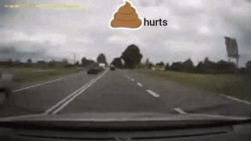 a car is driving down a highway with a sticker of a pile of poop that says hurts