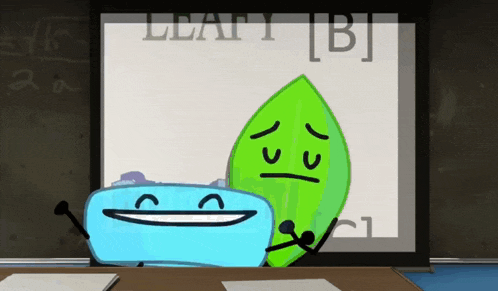 a blue toaster and a green leaf are standing in front of a projector screen that says leafy b