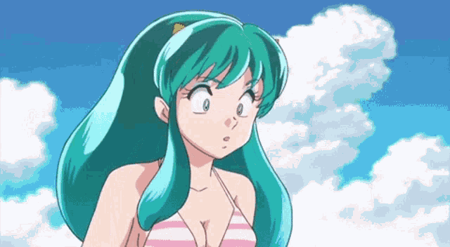 a cartoon girl with blue hair and a pink striped bikini is standing in front of a blue sky with clouds .