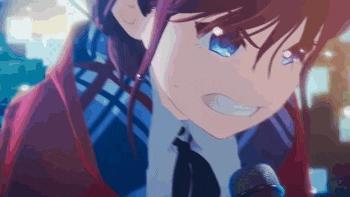 a close up of a girl wearing headphones and a tie holding a microphone