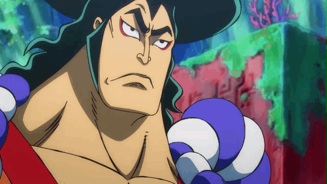 a drawing of a man with a hat and a blue and white glove