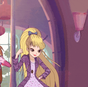 a girl with long blonde hair is wearing a purple dress