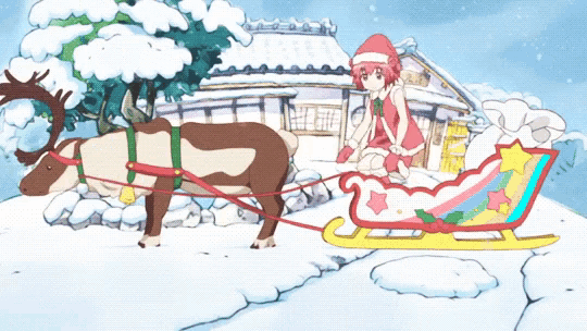 a reindeer pulls a sled with a girl in a santa outfit